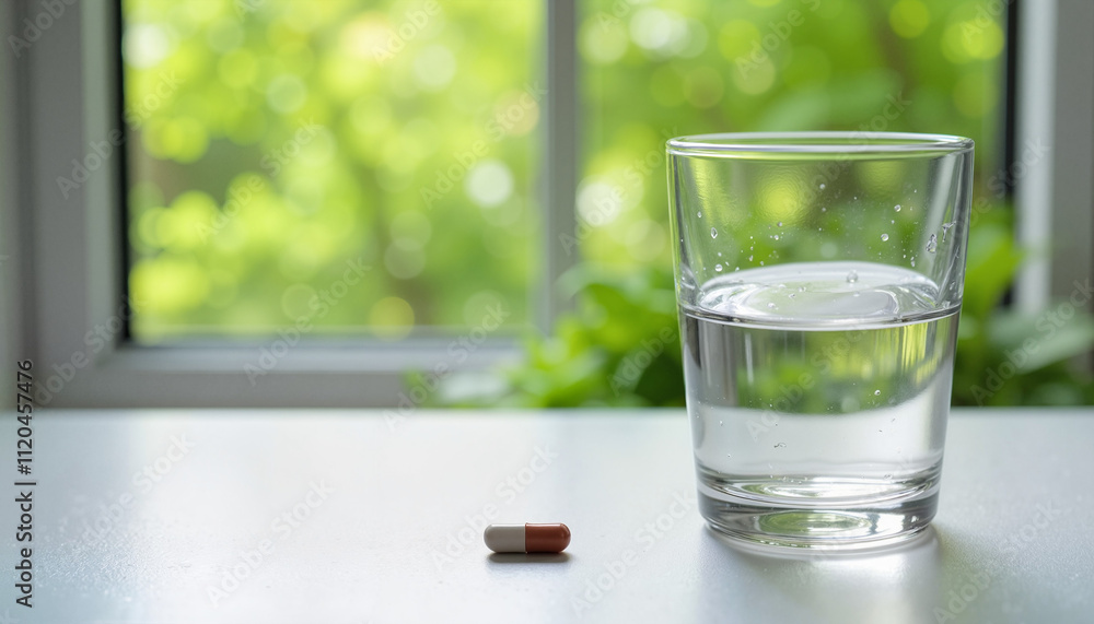 Close-up of a brown and white capsule next to a glass of water on a table with blurred green background Close-up of a brown and white capsule next to a glass of water on a table with blurred green background