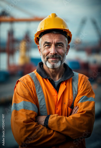 A confident seaport worker in a high-visibility vest and hard hat, with a bustling harbor backdrop.