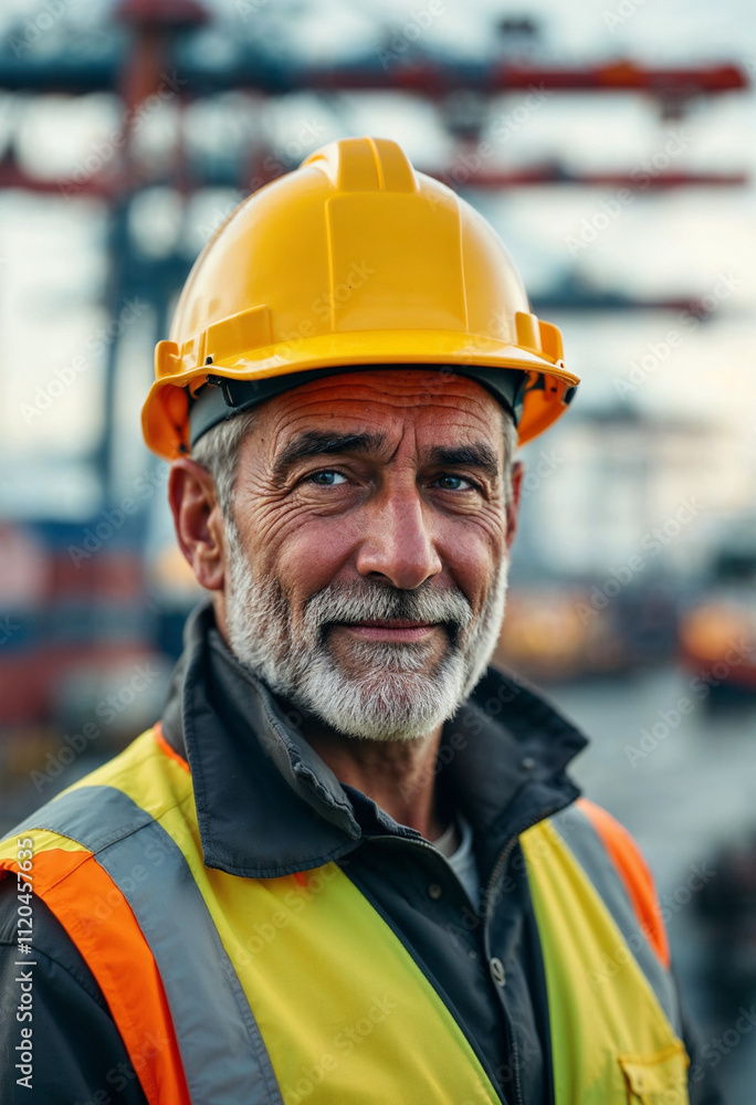 A confident seaport worker in a high-visibility vest and hard hat, with a bustling harbor backdrop.
A confident seaport worker in a high-visibility vest and hard hat, with a bustling harbor backdrop.