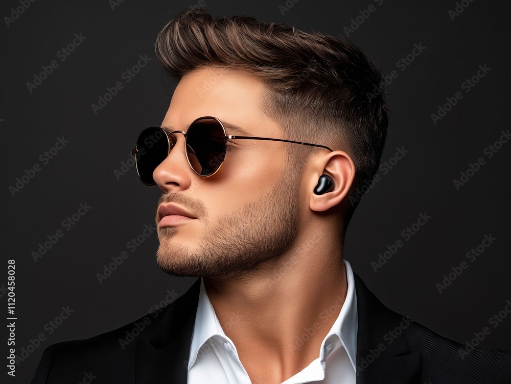A man wearing a suit and sunglasses with a pair of earbuds A man wearing a suit and sunglasses with a pair of earbuds