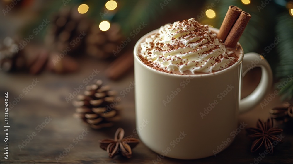 Festive hot chocolate with whipped cream and cinnamon sticks. Festive hot chocolate with whipped cream and cinnamon sticks.
