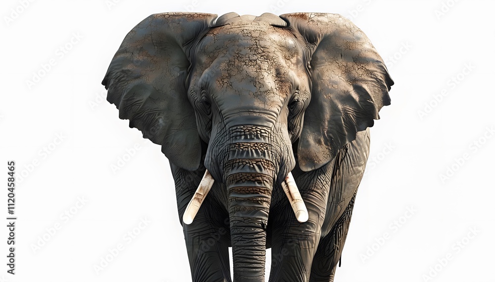Fototapeta premium Elephant with Large Tusks and Textured Skin on White Background