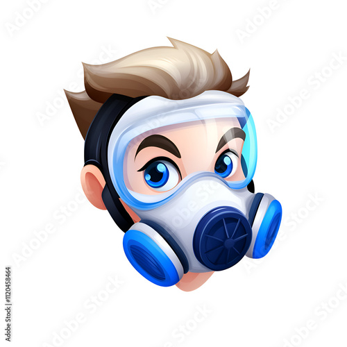 Character wearing a futuristic respirator mask with vivid blue accents and stylized features photo