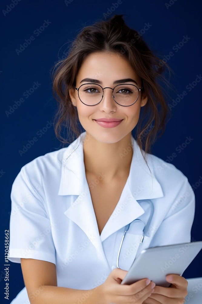 A woman in a white lab coat holding a tablet computer A woman in a white lab coat holding a tablet computer