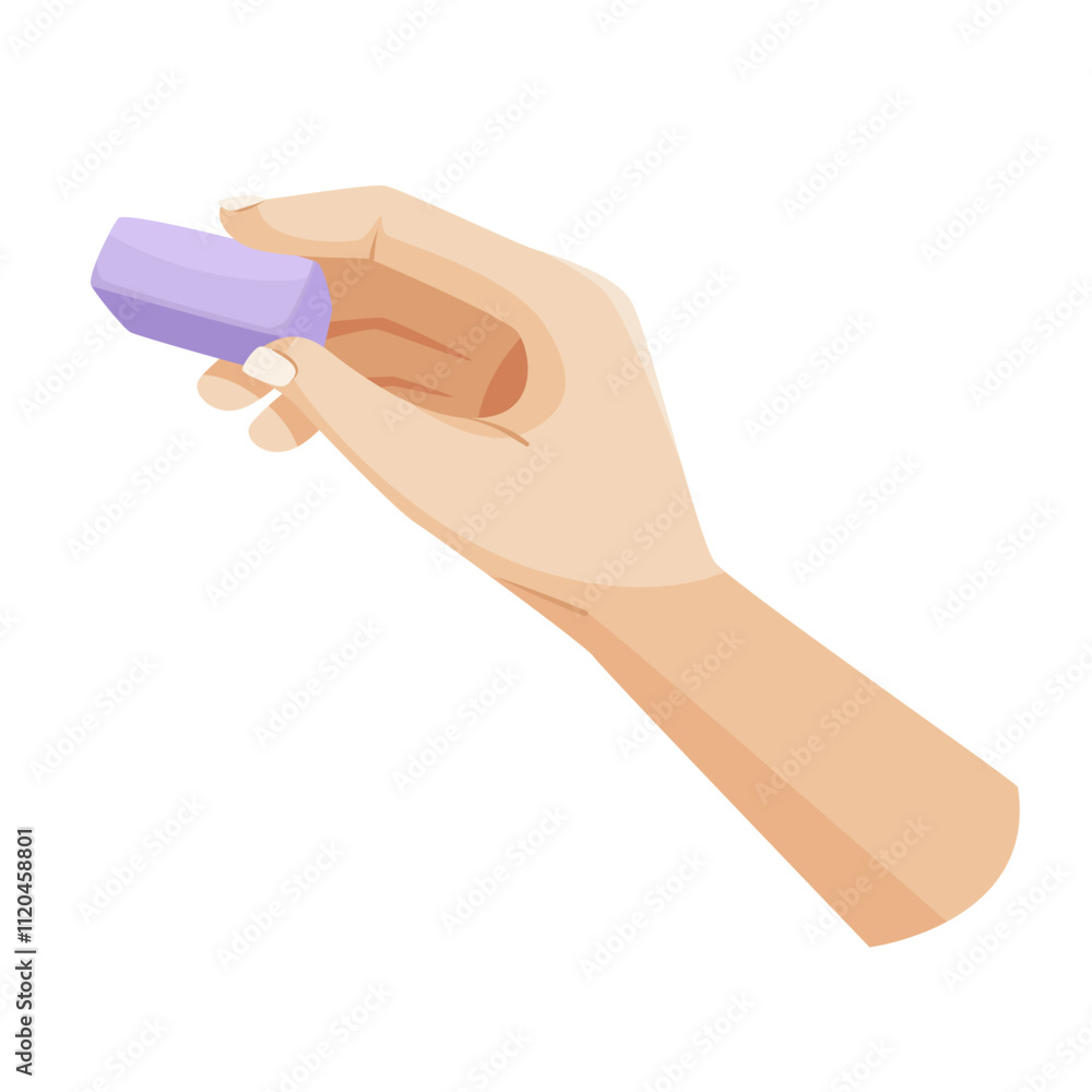 Illustration of a human hand holding a purple eraser, depicted in a minimalistic style on a white background. Concept of stationary use. Vector illustration Illustration of a human hand holding a purple eraser, depicted in a minimalistic style on a white background. Concept of stationary use. Vector illustration