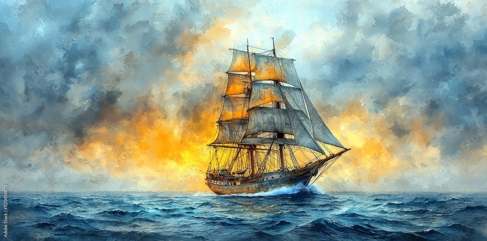 Fototapeta premium An old-fashioned sailing ship sails through tranquil seas, capturing the thrill of exploration and adventure.