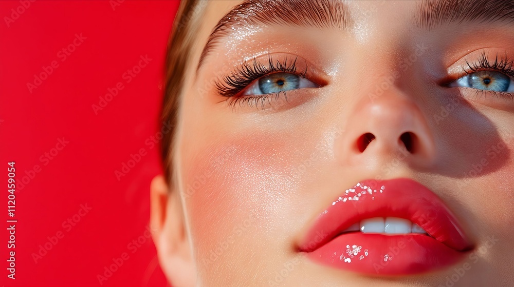 A close up of a woman's face with blue eyes and red lipstick A close up of a woman's face with blue eyes and red lipstick