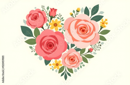 Colorful floral heart design featuring roses and wildflowers created in a whimsical style for decorative use