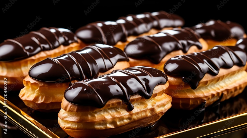 A photo of a tray of scrumptious eclairs with chocolate