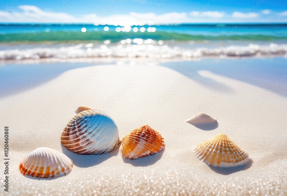 Obraz premium colorful seashells lining pristine white sand beach gentle waves background clear blue sky, ocean, horizon, sunlight, reflection, texture, coastal, marine