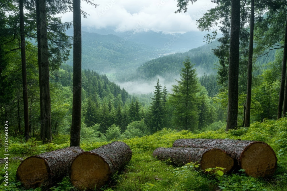 Fog rolling through a lush green forest with cut tree trunks lying on the grass creates a serene and natural scene Fog rolling through a lush green forest with cut tree trunks lying on the grass creates a serene and natural scene