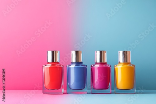 Four colorful nail polish bottles standing on a gradient pink and blue background create a vibrant and stylish beauty product display