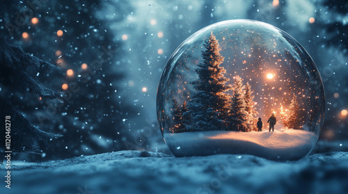 Happy couple in snow globe in winter Christmas forest, abstract seasonal romantic background