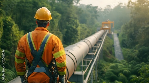 Male worker in orange safety uniform inspecting industrial pipeline, engineering concept for construction companies, safety equipment manufacturers and industrial training materials photo