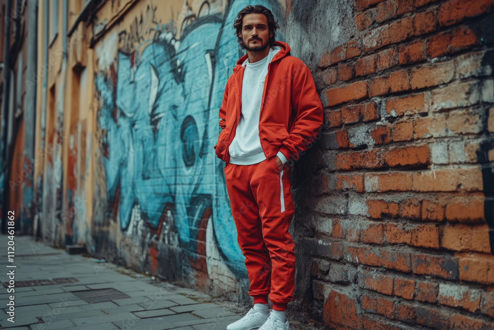 Stylish man in red tracksuit posing against a graffiti wall in urban environment Stylish man in red tracksuit posing against a graffiti wall in urban environment