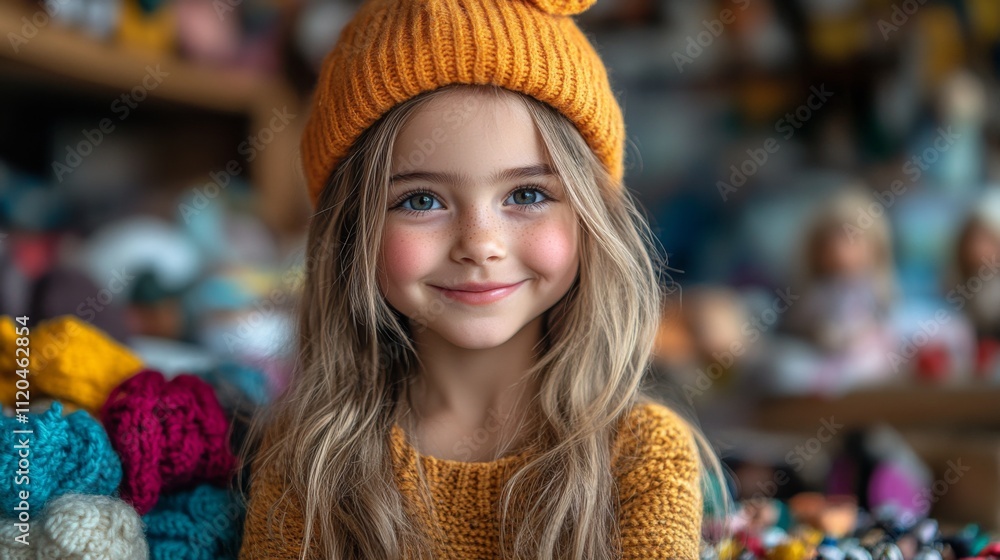 Fototapeta premium A young girl with long hair and a warm smile poses in a craft store. She wears an orange hat and sweater, surrounded by vibrant yarn and soft toys, creating a cheerful atmosphere.