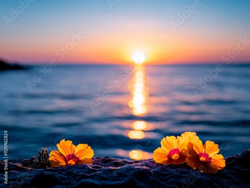 Fototapeta Naklejka Na Ścianę i Meble -  Two yellow flowers sitting on a rock by the ocean at sunset