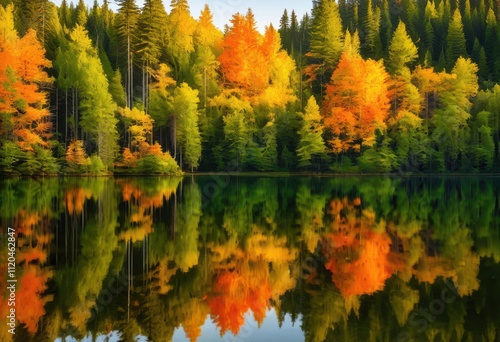 vibrant forest reflection serene lake captured sunrise rich colors tranquil atmosphere, trees, water, light, branches, sky, clouds, nature, morning, panorama