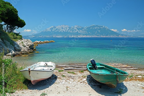 In the daytime, two small boats are positioned on wooden planks by the tranquil coastal waters, with a soft breeze rustling the flag beneath a bright blue sky. photo