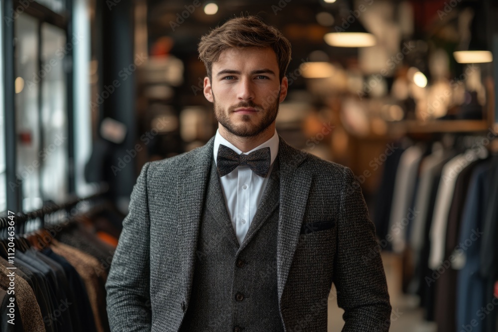 Fototapeta premium Portrait of a confident shop assistant wearing a suit and bow tie, standing in a clothing store