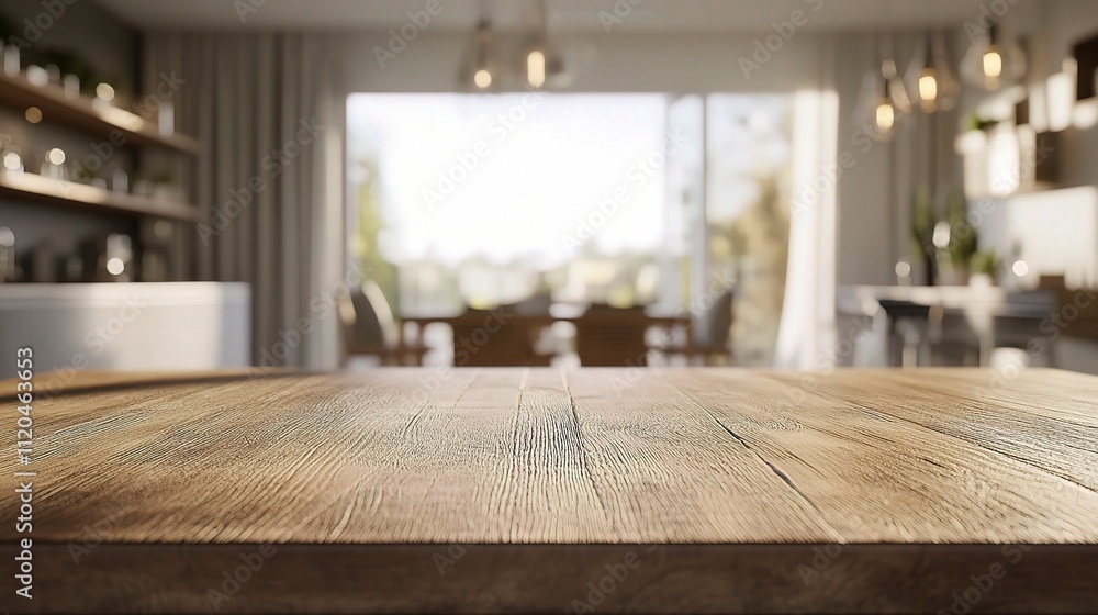 Blurred Kitchen Background with Wood Table Top in Modern Setting Blurred Kitchen Background with Wood Table Top in Modern Setting