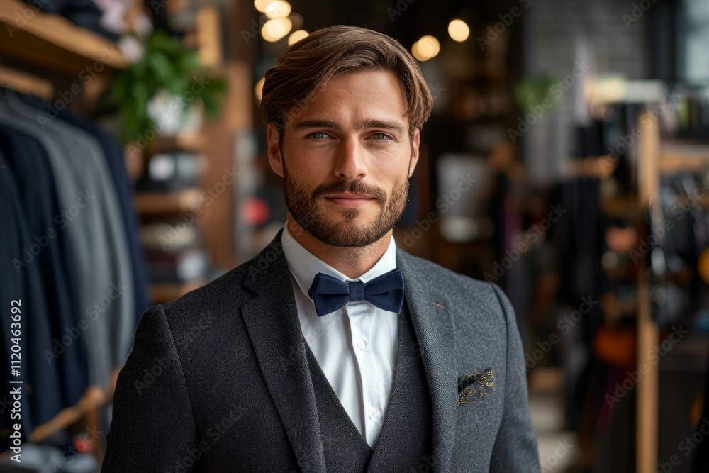 Fototapeta premium Portrait of a confident businessman wearing a suit and bow tie in a modern clothing store