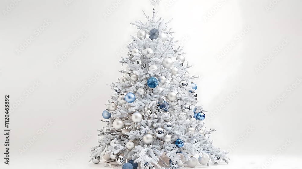 A beautiful white Christmas tree with silver and blue ornaments. A beautiful white Christmas tree with silver and blue ornaments.