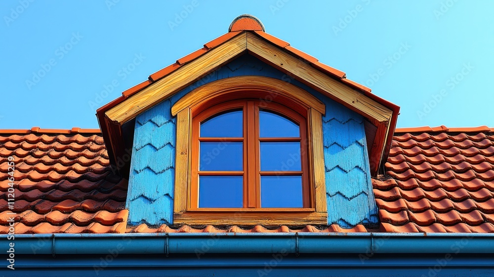 Gable dormer window with blue trim on a terracotta roof. Gable dormer window with blue trim on a terracotta roof.