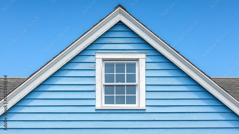 Gable roof with blue siding and white window. Gable roof with blue siding and white window.