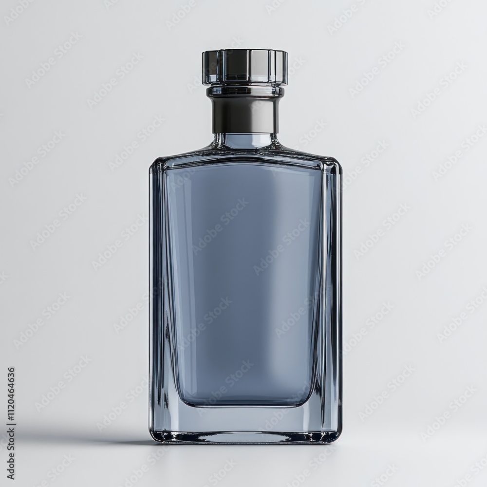 A sleek, modern glass bottle with a silver cap, designed for beverages or spirits. A sleek, modern glass bottle with a silver cap, designed for beverages or spirits.