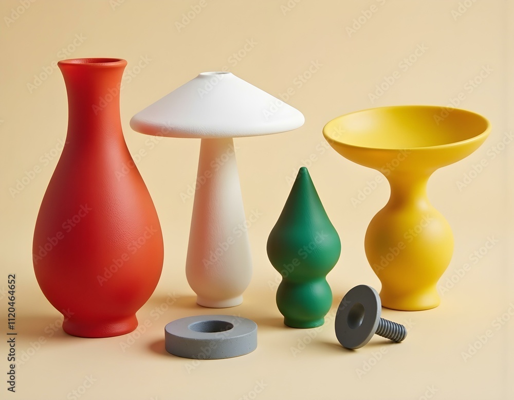 Several art multi-colored objects printed on a 3D printer. Model red vase, white mushroom, green tip, gray washer and bolt created 3D printer from molten plastic. Additive progressive technology Several art multi-colored objects printed on a 3D printer. Model red vase, white mushroom, green tip, gray washer and bolt created 3D printer from molten plastic. Additive progressive technology
