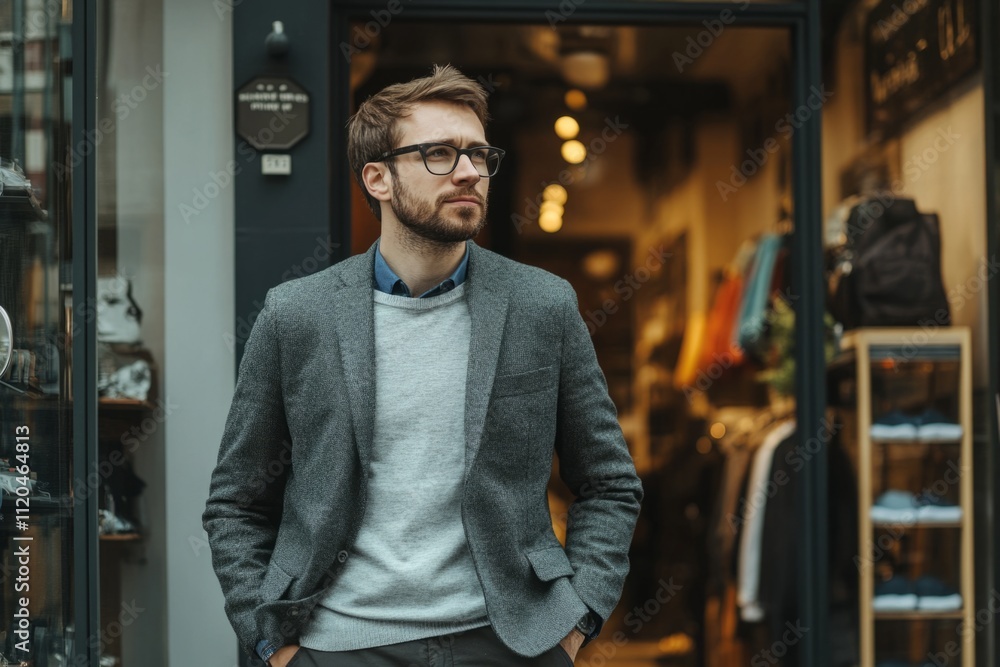 Portrait of a pensive businessman with eyeglasses and hands in pockets standing outside a clothing store looking away Portrait of a pensive businessman with eyeglasses and hands in pockets standing outside a clothing store looking away