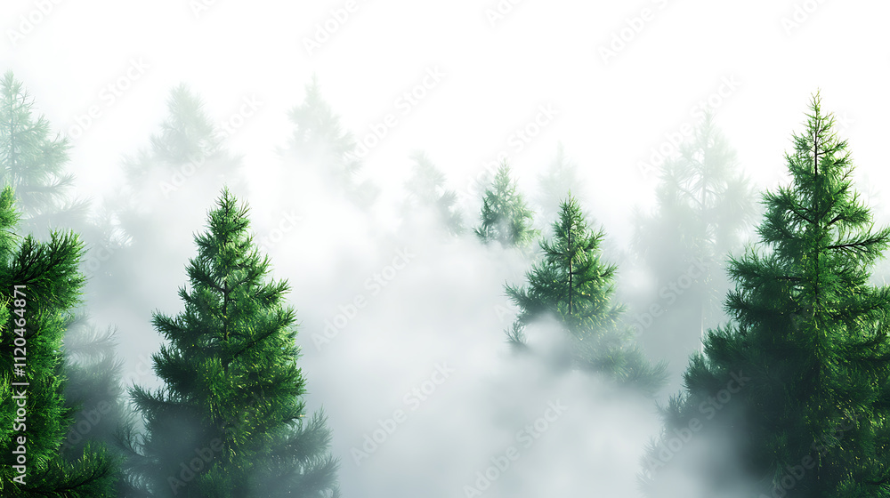 Obraz premium Dense evergreen trees rise above blanket of mist, creating serene and tranquil atmosphere. fog envelops forest, enhancing natural beauty and mystery of landscape