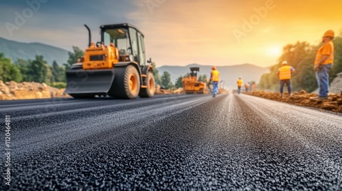 Road construction workers paving a highway at sunset