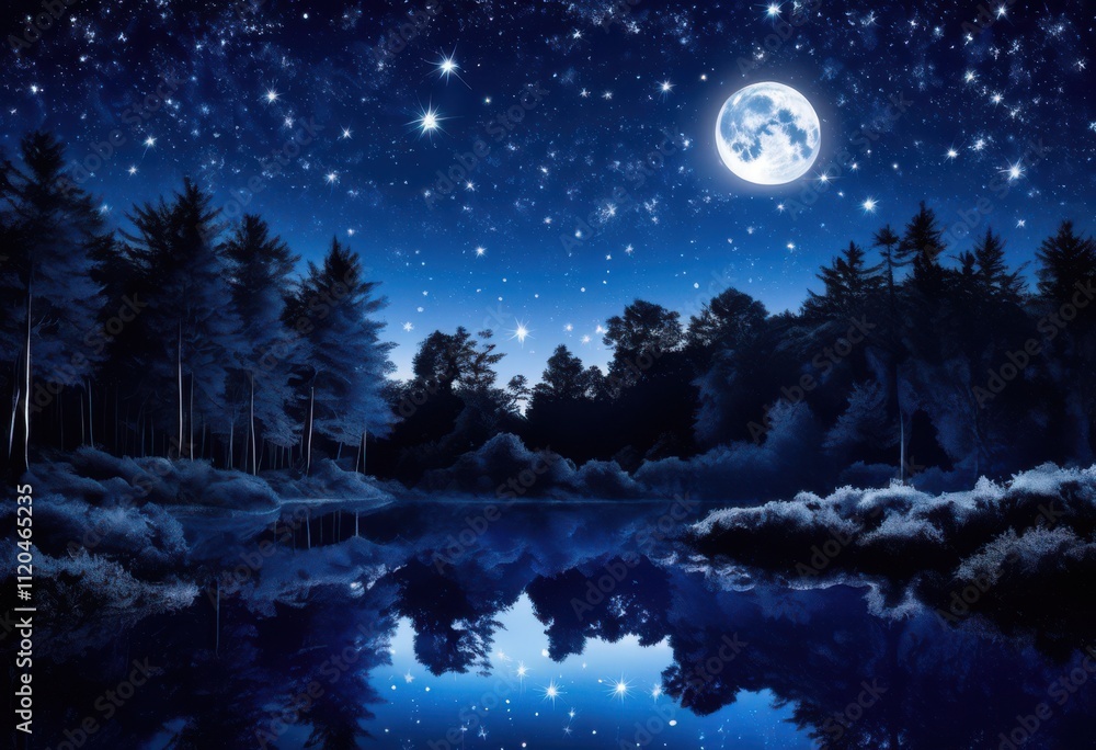 Fototapeta premium mesmerizing moonlit landscape featuring silhouetted trees starry night sky, stars, shadows, wilderness, nature, beauty, celestial, environment, outdoor