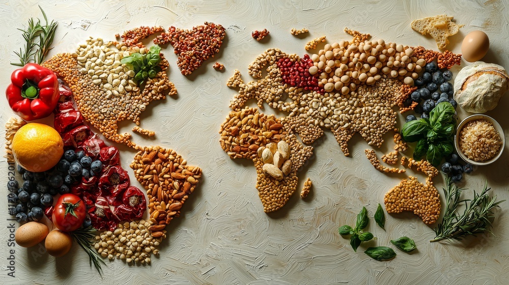 A world map made from various food ingredients, showcasing different culinary traditions, displayed on a white background. A world map made from various food ingredients, showcasing different culinary traditions, displayed on a white background.