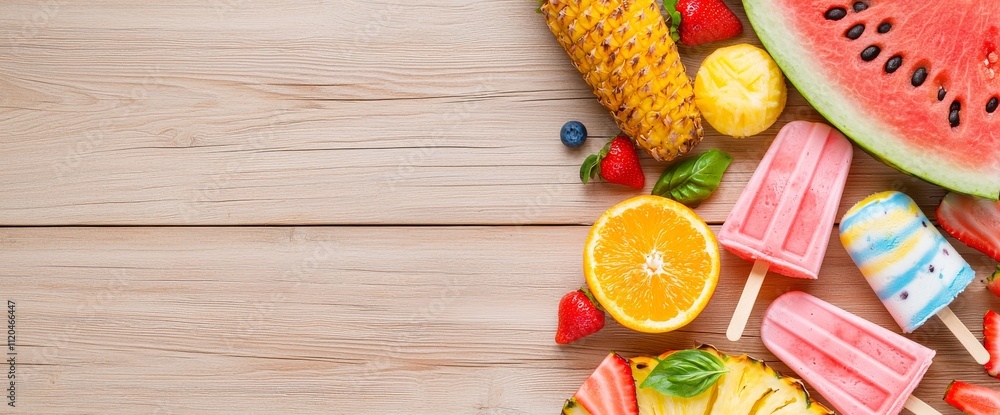 A revitalizing summer food setup featuring an assortment of grilled fruits, ice cream, and ice pops, captured from above on a dark wood banner. A revitalizing summer food setup featuring an assortment of grilled fruits, ice cream, and ice pops, captured from above on a dark wood banner.