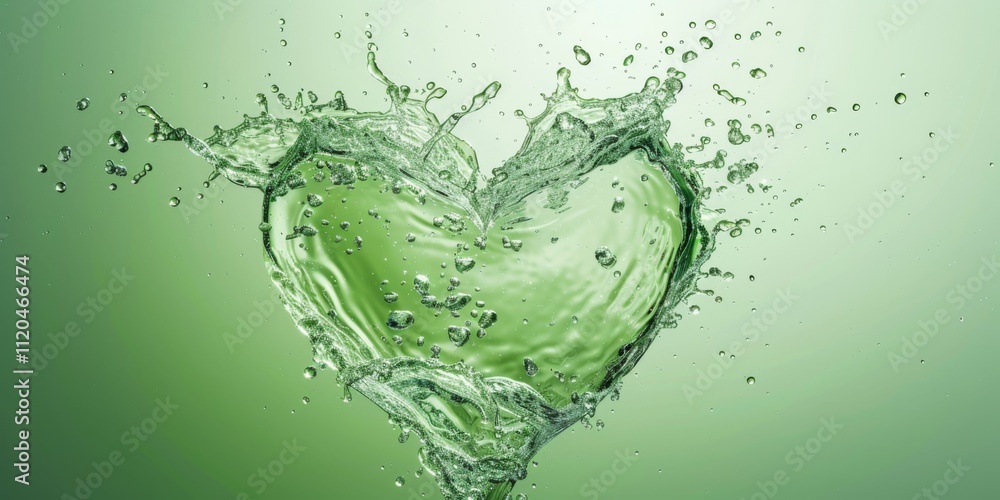 Dynamic heart-shaped water splash with sparkling droplets, set against a vibrant green background. Refreshing, natural, and elegant design Dynamic heart-shaped water splash with sparkling droplets, set against a vibrant green background. Refreshing, natural, and elegant design
