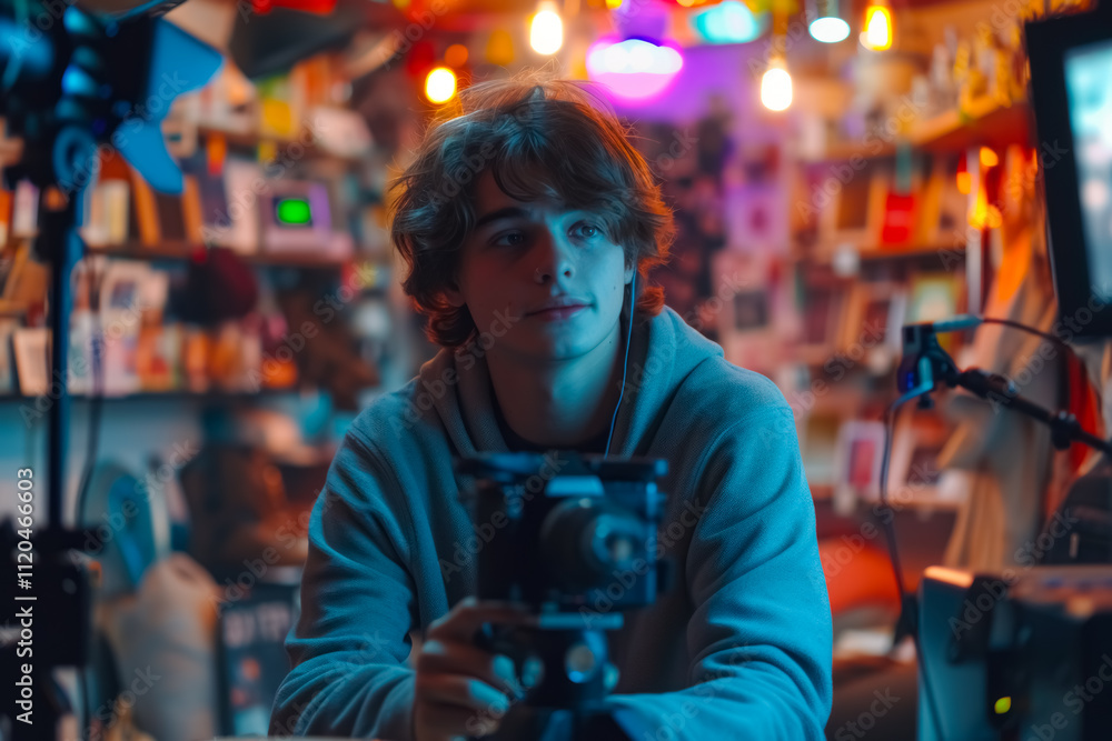 Obraz premium Aspiring Filmmaker Working with Professional Equipment