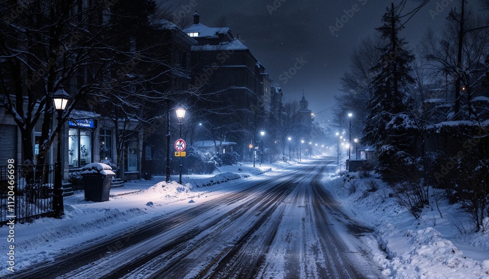 Obraz premium Snow Covered Street in Quiet Winter Night Town