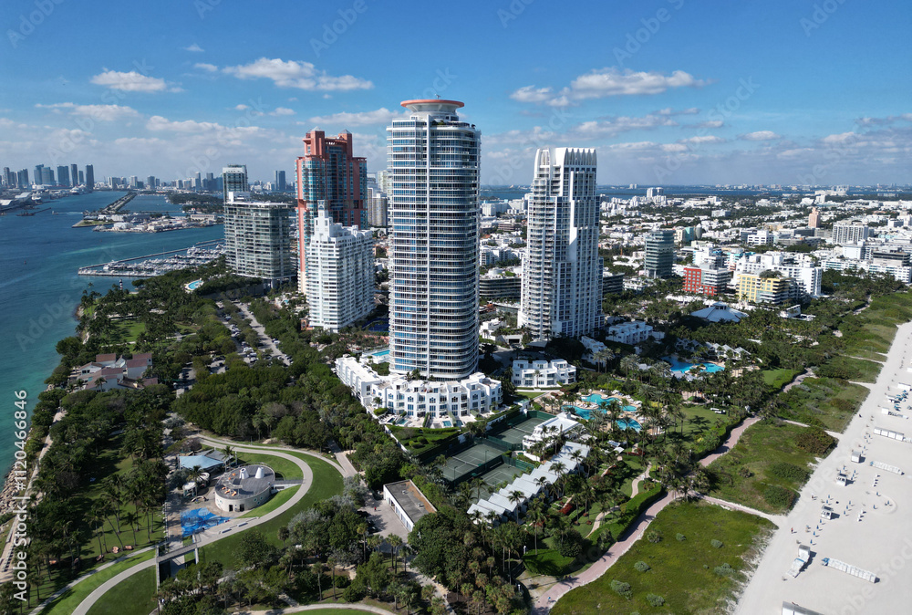 Naklejka premium Cityscape landscape of South Beach. Florida panorama. Skyscraper architecture of Miami. Luxurious vacation. Miami South beach landscape aerial view. Aerial Miami skyscraper. Aerial Miami south beach