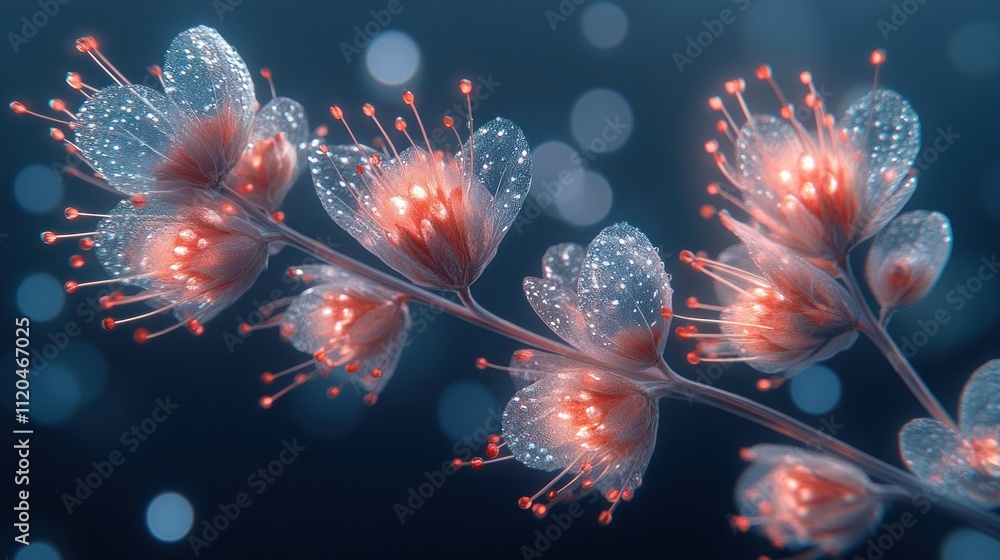 Glowing, translucent flowers with water droplets on a dark background. Glowing, translucent flowers with water droplets on a dark background.