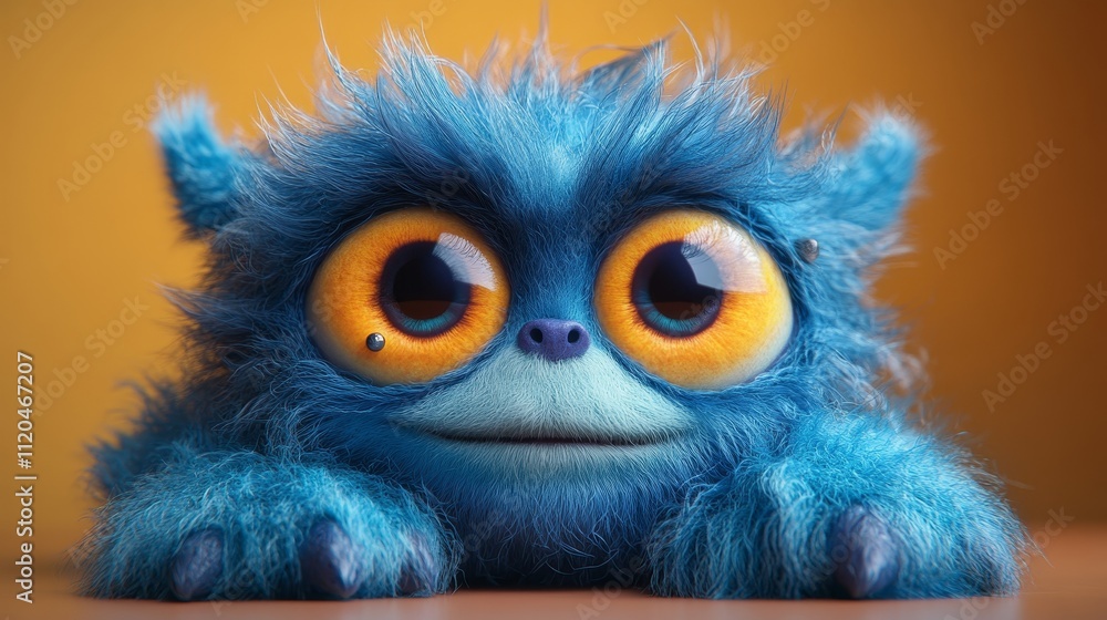 A blue monster with yellow eyes is laying on a table A blue monster with yellow eyes is laying on a table