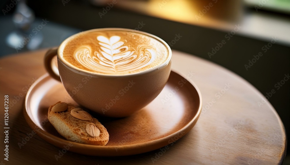 Creamy latte art presented in a cup with a cookie on a wooden plate by a window in a cozy café setting. Generative AI Creamy latte art presented in a cup with a cookie on a wooden plate by a window in a cozy café setting. Generative AI