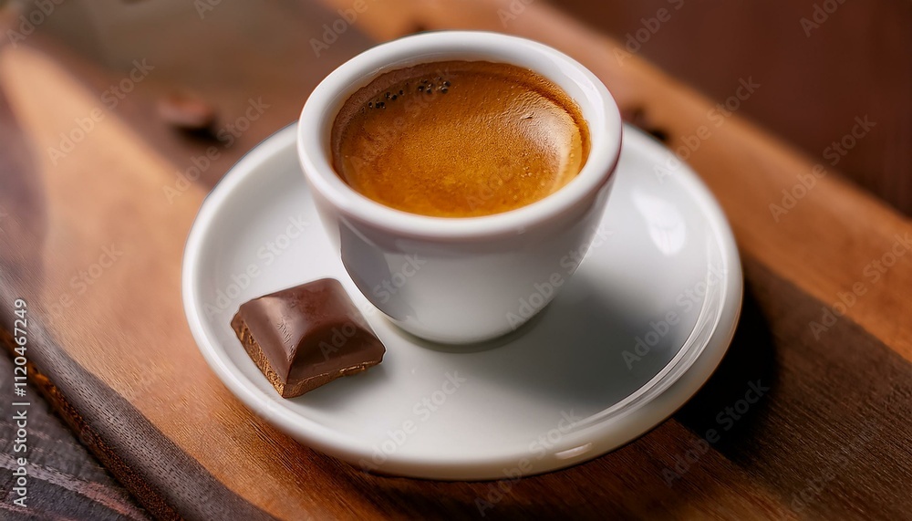 Rich espresso served on a wooden table with a piece of chocolate dessert beside the cup. Generative AI Rich espresso served on a wooden table with a piece of chocolate dessert beside the cup. Generative AI