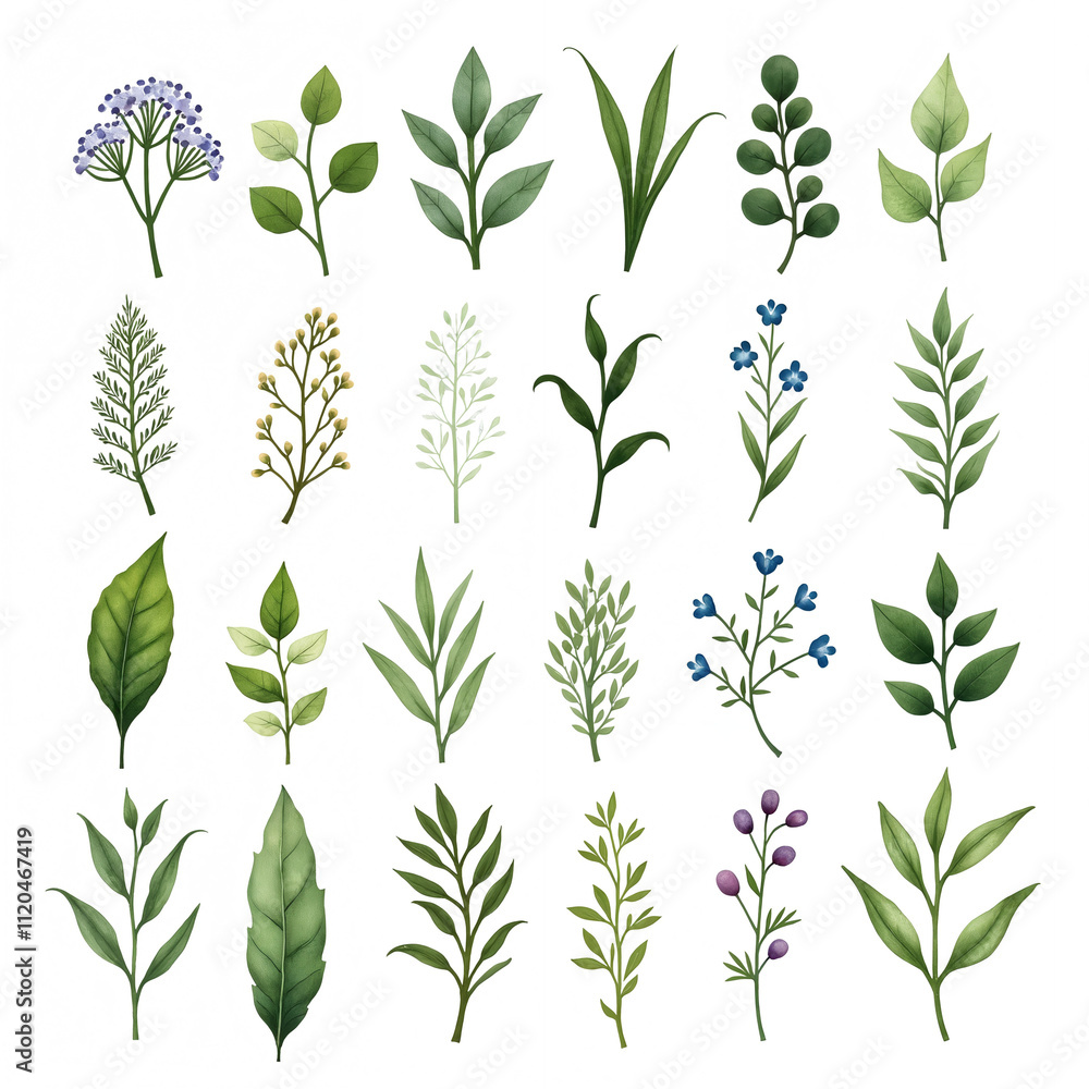 The image shows collections of plants. They are made in the same style, differ in simple lines and monochrome colors. The color palette includes shades of green with a yellowish-green base. The image shows collections of plants. They are made in the same style, differ in simple lines and monochrome colors. The color palette includes shades of green with a yellowish-green base.