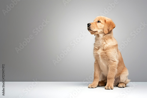 pet photography, a studio photo of a golden labrador retriever puppy with captivating eyes and soft fur, set against a white background, highlighting its beauty photo