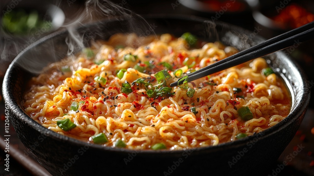 A steaming, delicious bowl of noodles adorned with fresh green herbs, offering a delightful peek into the realm of savory flavors. A steaming, delicious bowl of noodles adorned with fresh green herbs, offering a delightful peek into the realm of savory flavors.