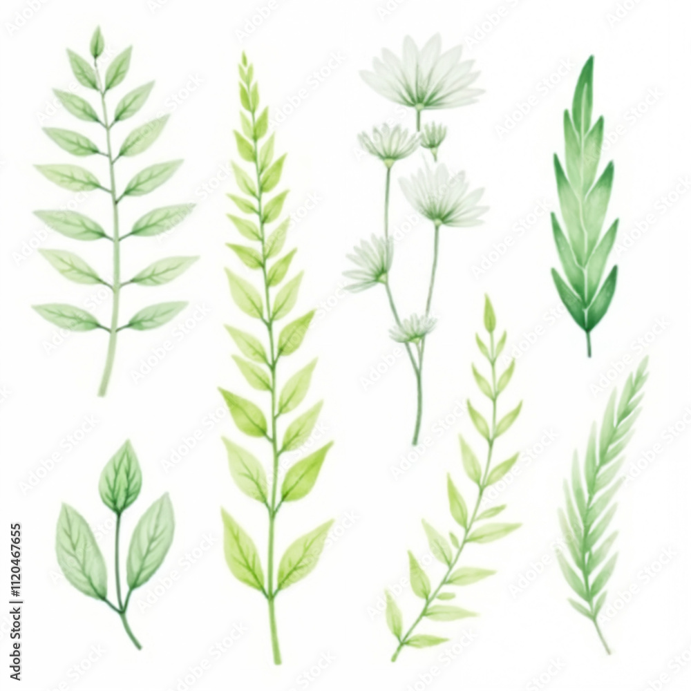 The image shows collections of plants. They are made in the same style, differ in simple lines and monochrome colors. The color palette includes shades of green with a yellowish-green base. The image shows collections of plants. They are made in the same style, differ in simple lines and monochrome colors. The color palette includes shades of green with a yellowish-green base.