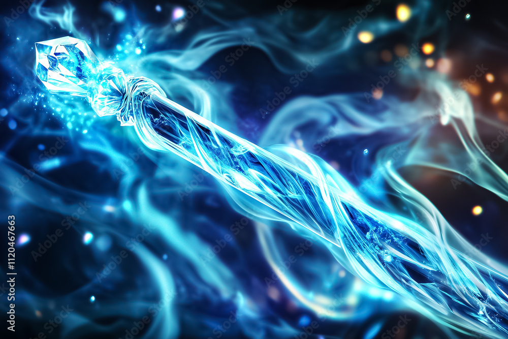 Naklejka premium A glowing blue crystal staff shines softly, veiled in magical smoke in a fantasy realm
